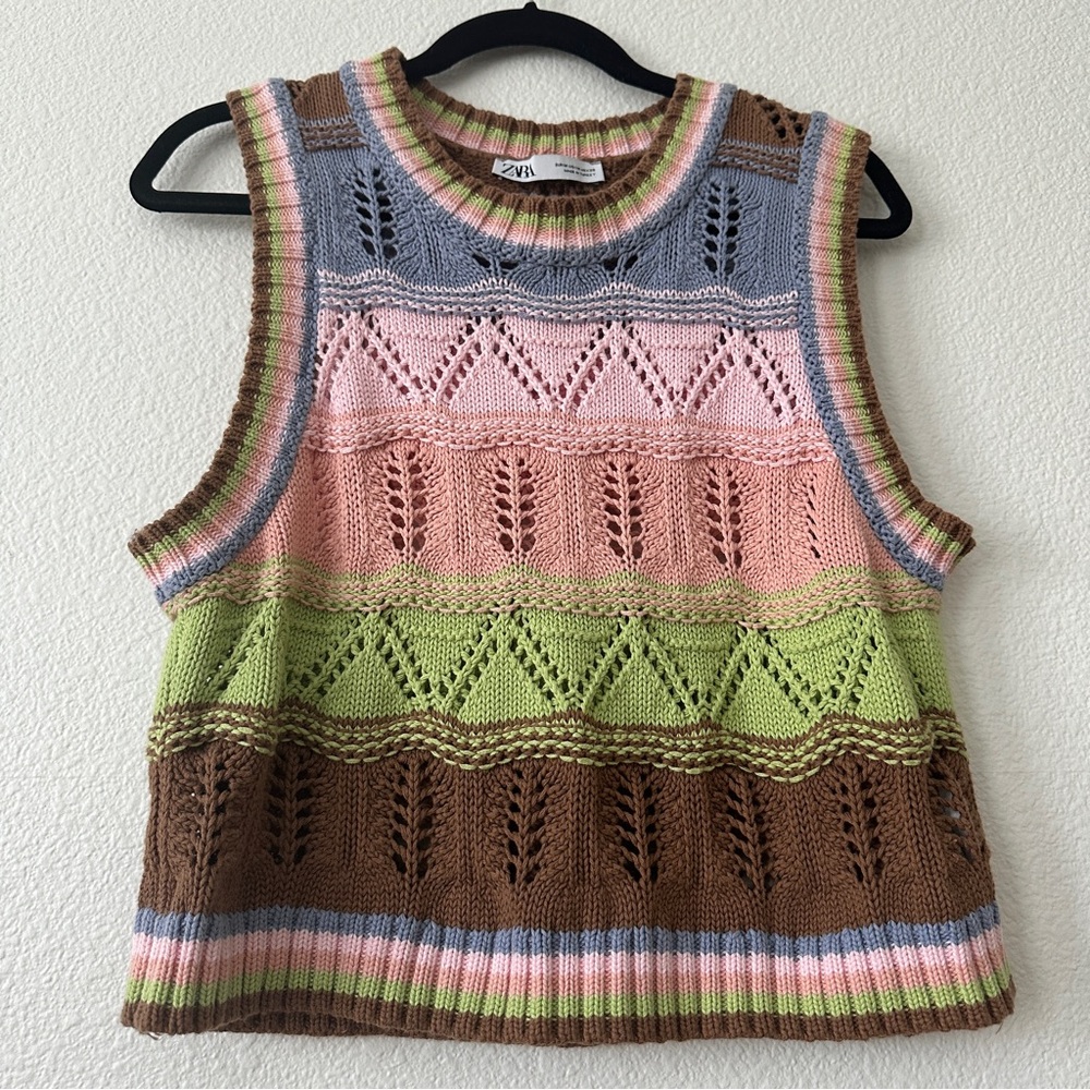Zara Multicolor Crochet Knit Crewneck Cropped Vest Sweater Medium